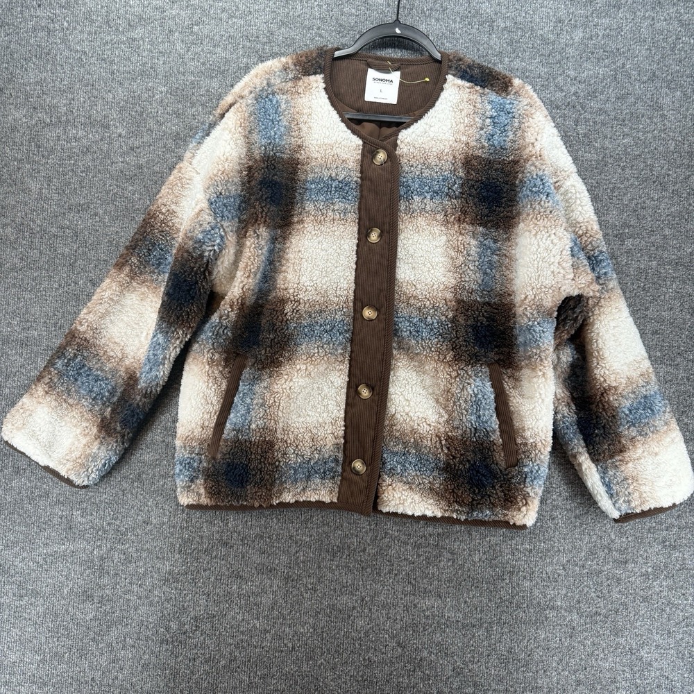 Sonoma Jacket Womens L Plaid Teddy Button Up Ranch Boho Cottage Western Casual
